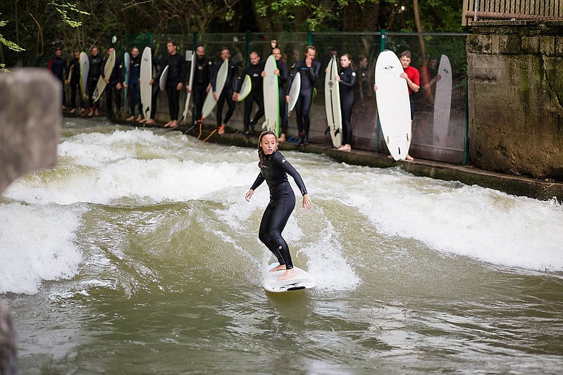 The Eisbach is a small man-made river, 2 kilometres long, in Munich.